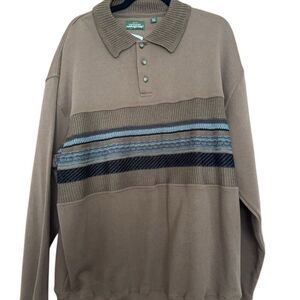 Vintage Norm Thompson Men's 2XL Blue and Brown Striped Collared Cardigan Sweater